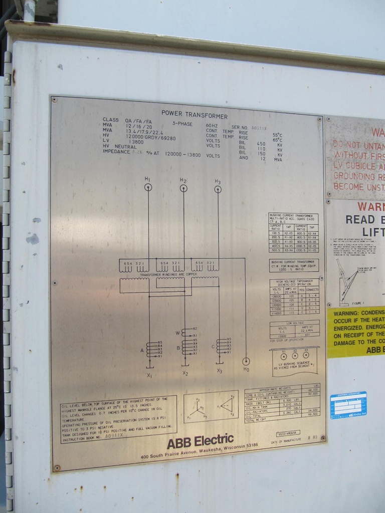12000/22400 KVA, Pri 120000GRDY/69280, Sec 13800 D, 1989, ABB, GSU, COPPER:1