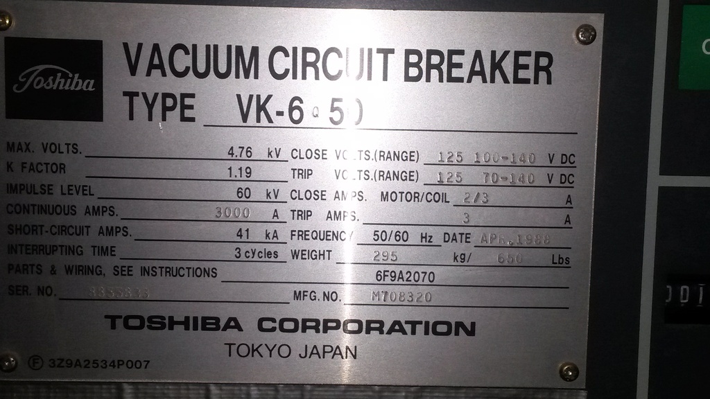 3000 Amp, TOSHIBA, VK-6Q50, 4760 V., 1988, 125 VDC CLOSE & TRIP, DRAW-OUT:1