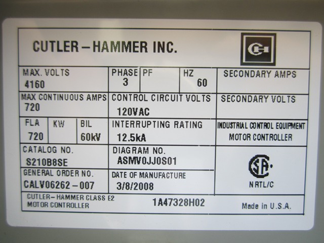 720 Amp, 4160 Volt, CUTLER HAMMER, SJ50V830, 2008, BOLT-IN, 120 VAC CONTROLS:1
