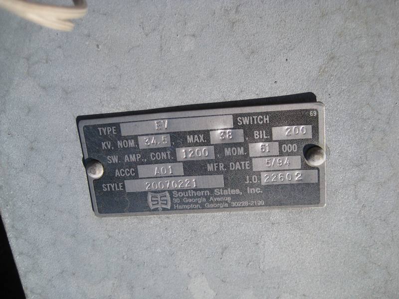 1200 Amp, SOUTHERN STATES, No. EV, 38 KV, 1994, 61KA, HORIZ OR VERT MOUNT, M/O