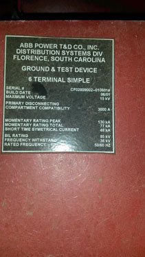 3000 Amp, ABB, ADVAC, 15 KV, 2001, 48KA, 95KV BIL, GROUND & TEST DEVICE