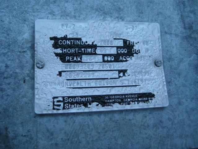 1200 Amp, SOUTHERN STATES, No. EV-2, 38000 V., 2007, HZ MT, VT BK, 63 KA