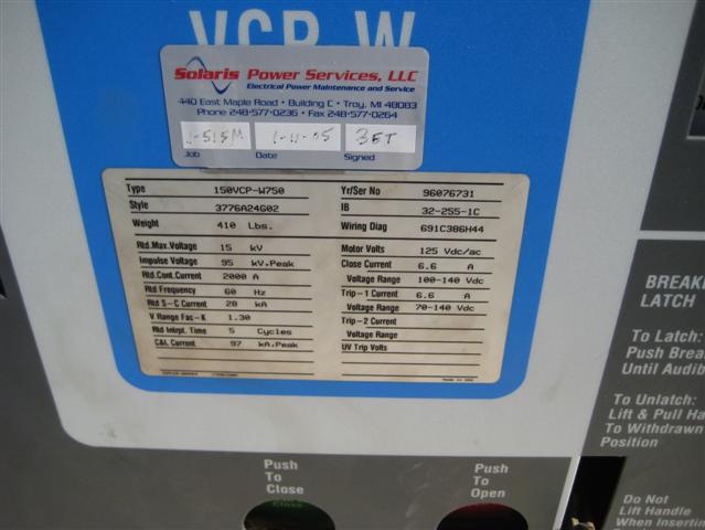 2000 Amp, CUTLER HAMMER, 150VCP-W750, 15 KV, 1996, 125VDC CL/TR/MT, EO/DO, 28KA