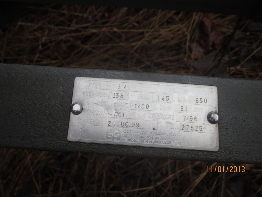 1200 Amp, SOUTHERN STATES, No. EV, 145000 V., 1996, M/O, HZ MT - VT BK, 61KA