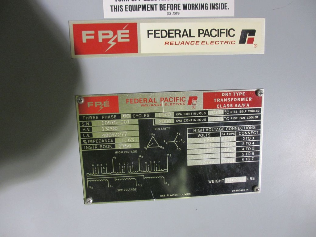 1500/2000 KVA, Pri 13200 D, Sec 480Y/277, FEDERAL PACIFIC, INDOOR, DRY:1