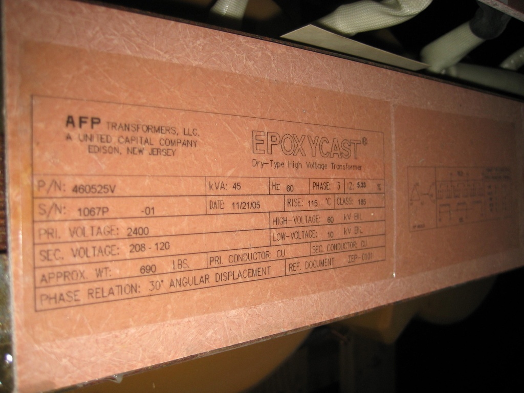 45 KVA, Pri 2400 D, Sec 208Y/120 2005, AFP TRANSFORMER, EPOXYCAST, CORE & COIL:1