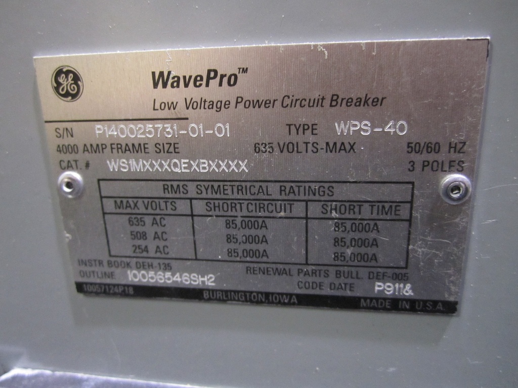 4000 Amp, GENERAL ELECTRIC, WPS-40, 635 V., 120 VAC CLOSE & TRIP