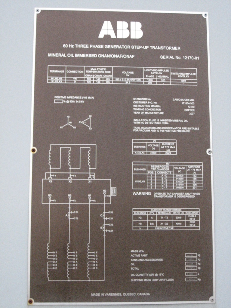 105/175 MVA, Pri 530000Y/306000, Sec 34500 D, 2007, ABB, GSU, UNUSED:1
