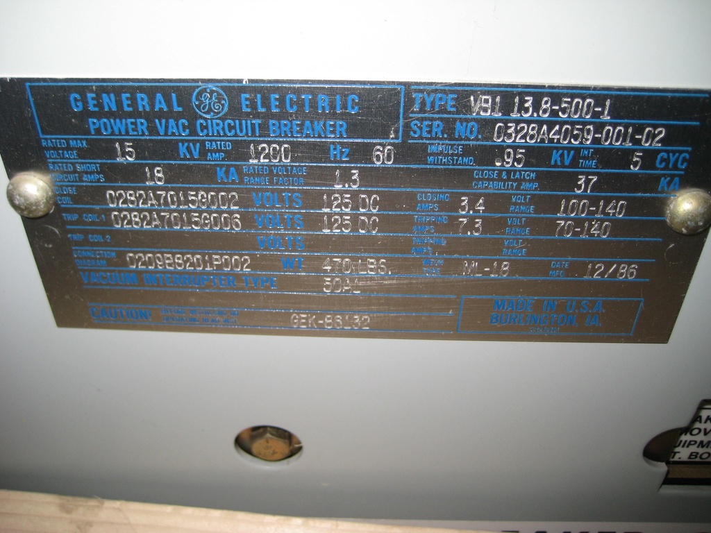 1200 Amp, GENERAL ELECTRIC, VB1-13.8-500-1, 15 KV, 125VDC CLOSE & TRIP;