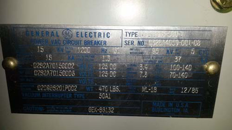 1200 Amp, GENERAL ELECTRIC, VB1-13.8-500-1, 15 KV, 125VDC CLOSE & TRIP;