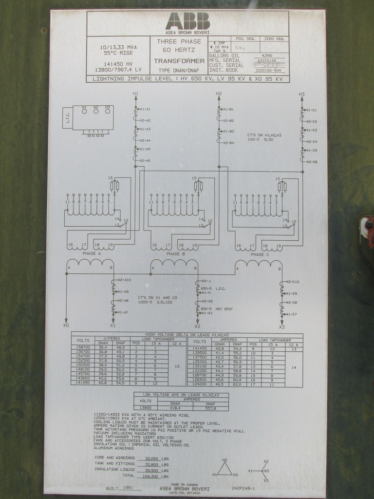 10000/13333 KVA, Pri 141450 D, Sec 13800Y/7967.4, 1991, ABB:1
