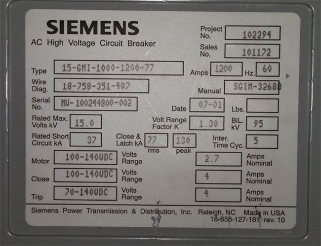 1200 Amp, SIEMENS, 15-GMI-1000-1200-77, 15 KV, 2001, 125 VDC, D/O:1