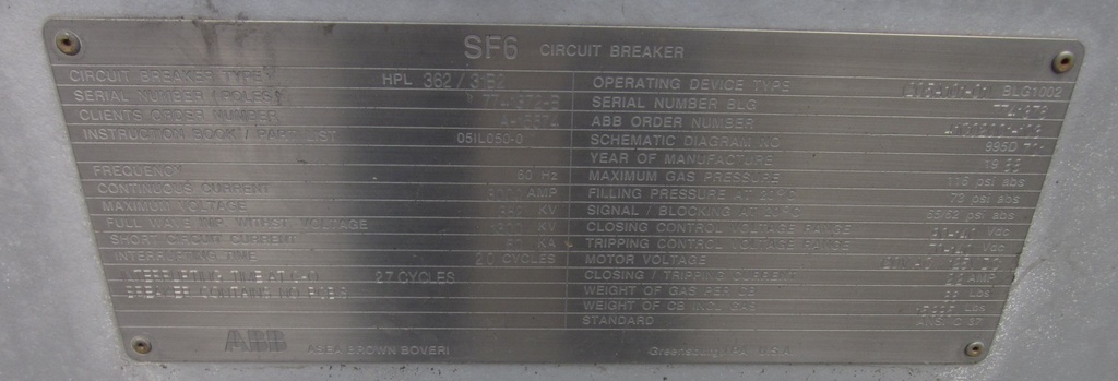 3000 Amp, ABB, HPL362/31B2, 362 KV, LIVE TANK SF6