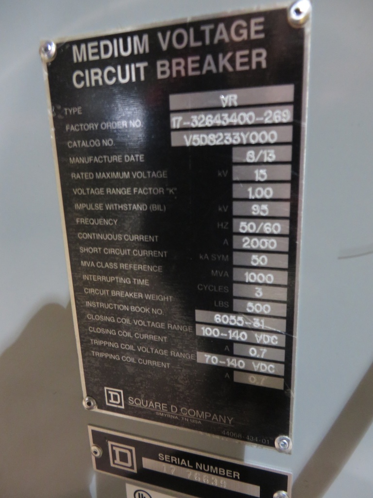 2000 Amp, SQUARE D, VR V5D8233Y000, 15 KV, 2013, 1000 MVA, 125 VDC CONTROLS, NEW