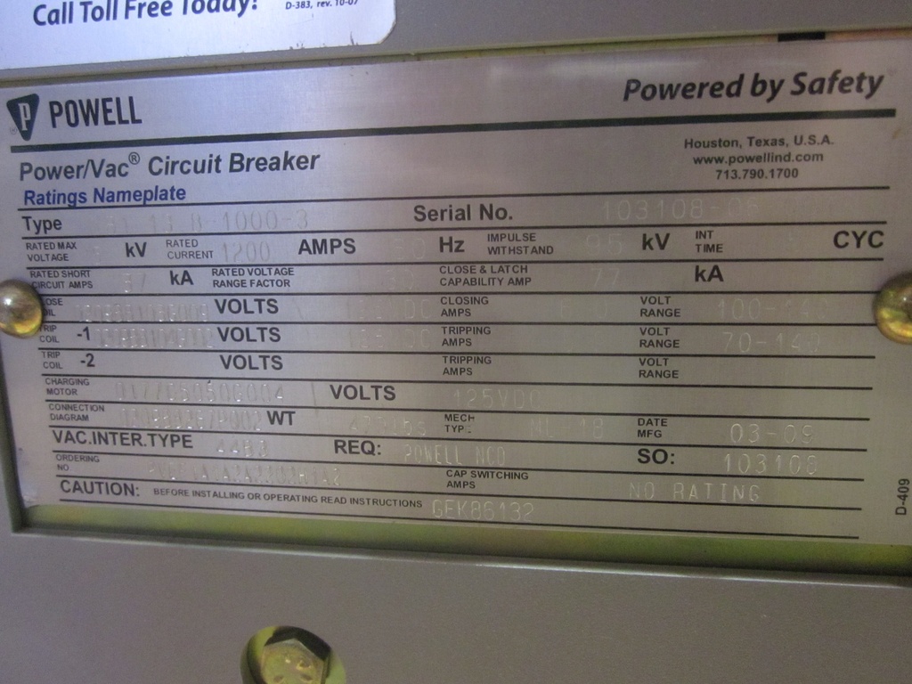 1200 Amp, GENERAL ELECTRIC, VB1-13.8-1000-3, 15 KV, 2009, 125 VDC, ML-18 MECH