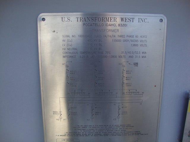 31500/52500 KVA, Pri 115000 Y, Sec 13800 D, 2002, US TRANSFORMER, GSU:1