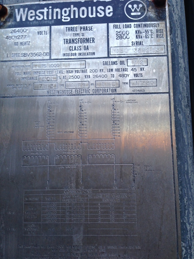 2500/2800 KVA, Pri 26400 D, Sec 480Y/277, WESTINGHOUSE, SUBSTATION:2