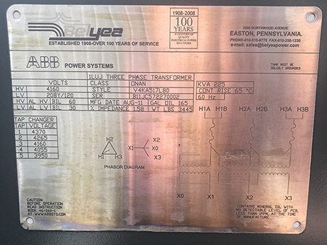 225 KVA, Pri 4160 D, Sec 208Y/120, ABB, DEAD FRONT, LOOP FEED, FUSED