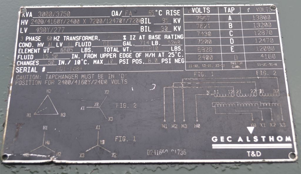 3000/3750 KVA, Pri 2400/4160y/2400 x 7200/12470Y/7200, Sec 480Y/277, LF/RF, 1999