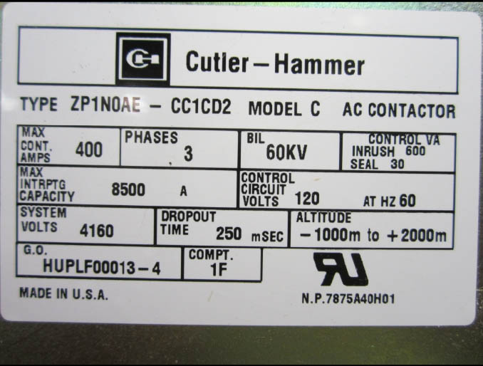 400 Amp, 4160 Volt, CUTLER HAMMER, ZP1N0AE, AIR CONTACTOR, DRAW-OUT:1