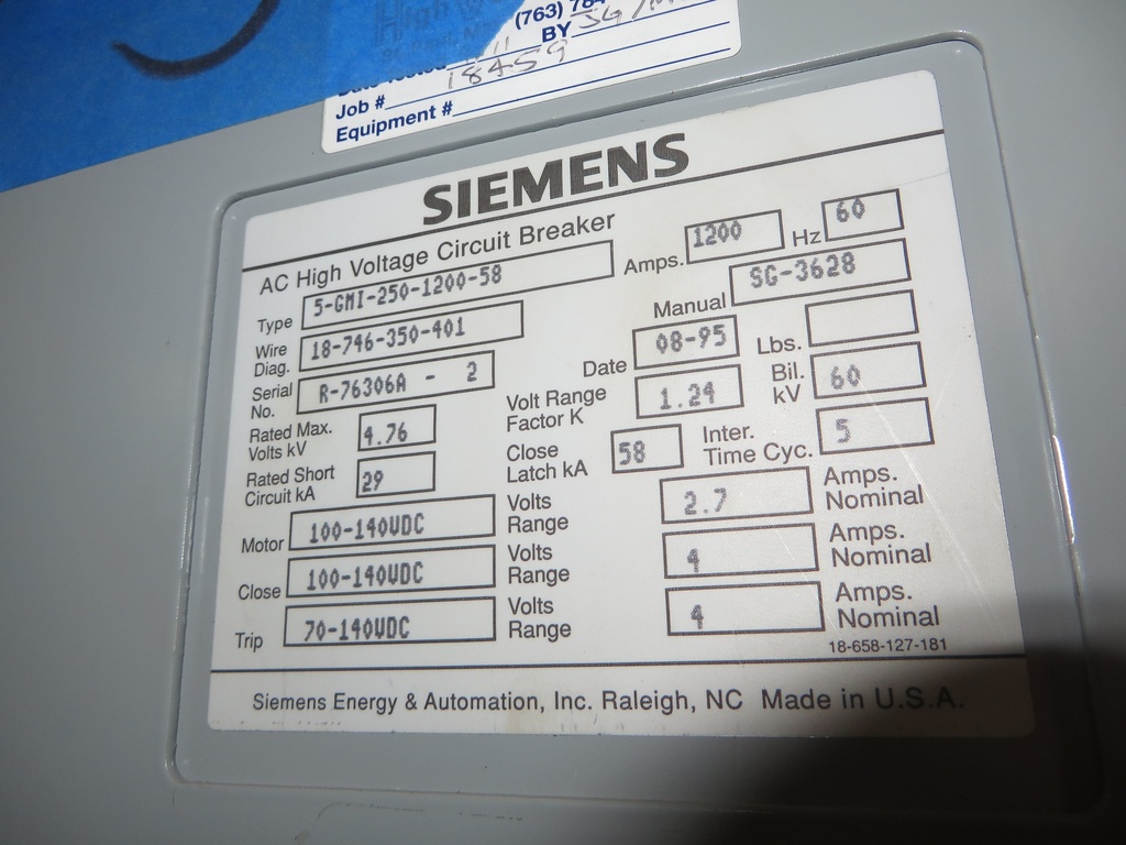 1200 Amp, SIEMENS, 5GMI-250-1200-58, 5000 V., 125 VDC MOTOR/CLOSE/TRIP