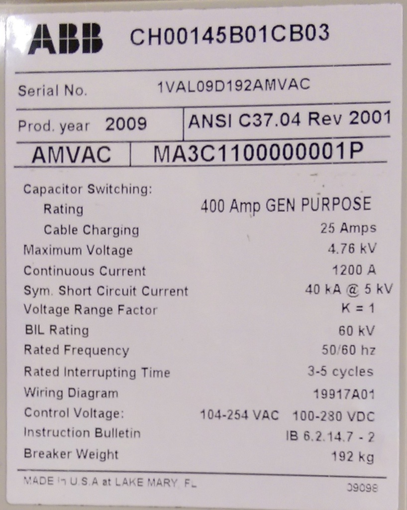 1200 Amp, ABB, AMVAC, 4160 V., 2009, ELECTRICALLY OPERATED, UNUSED:1