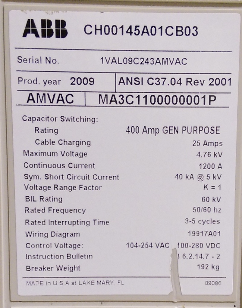 1200 Amp, ABB, AMVAC, 4160 V., 2009, ELECTRICALLY OPERATED, UNUSED:1