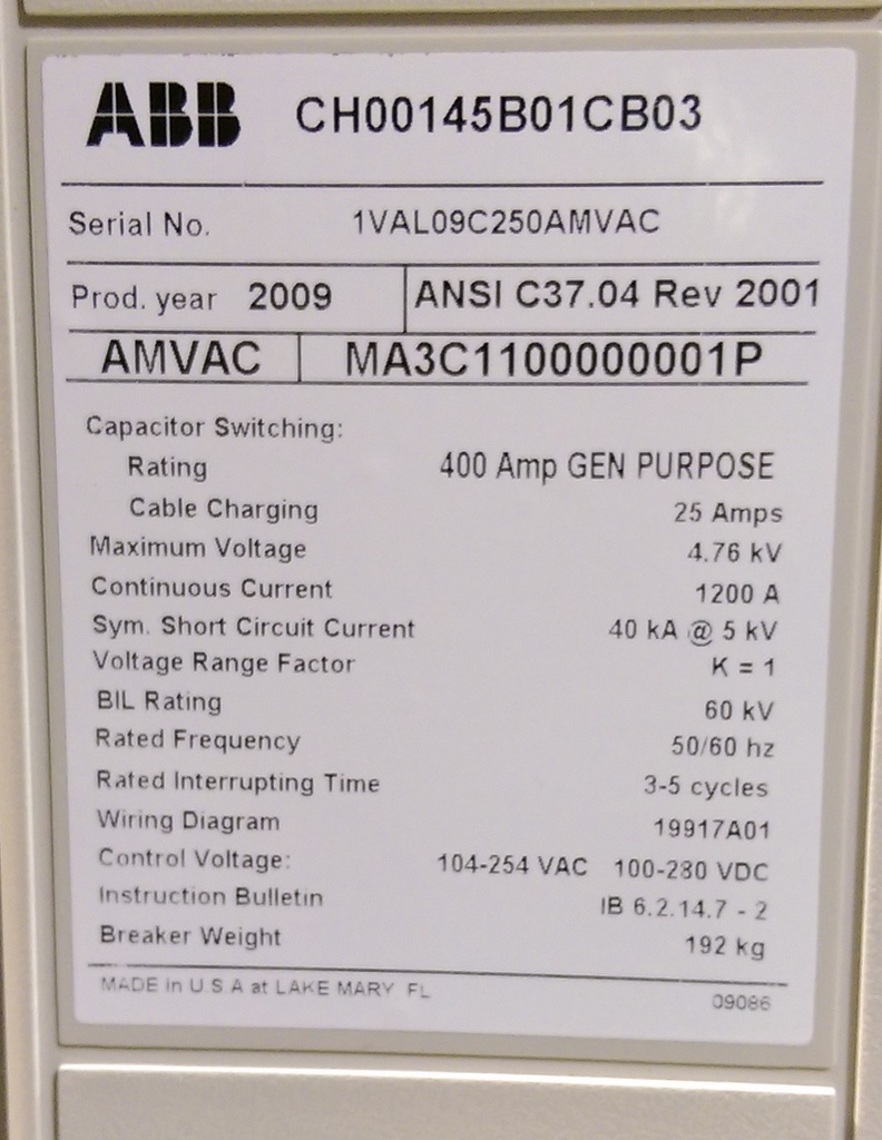 1200 Amp, ABB, AMVAC, 4160 V., 2009, ELECTRICALLY OPERATED, UNUSED:1