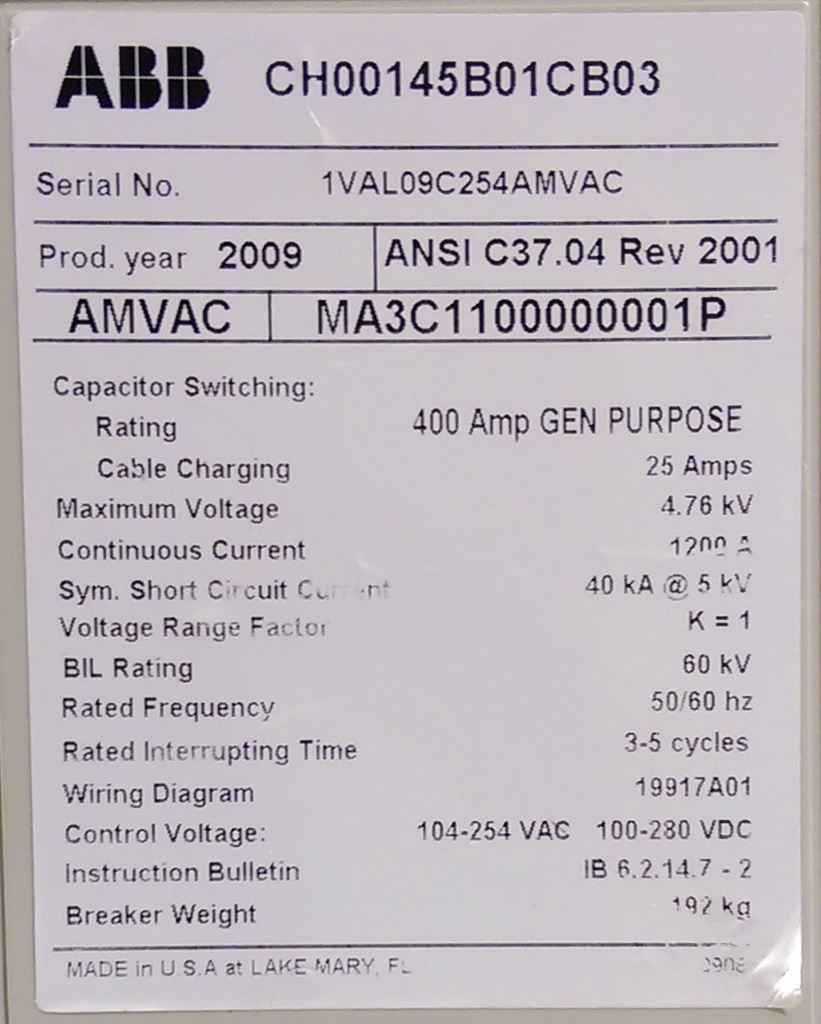 1200 Amp, ABB, AMVAC, 4160 V., 2009, ELECTRICALLY OPERATED, UNUSED:1