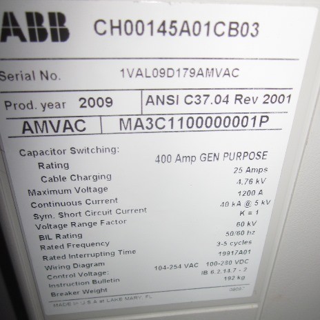 1200 Amp, ABB, AMVAC, 4160 V., 2009, ELECTRICALLY OPERATED, UNUSED:1