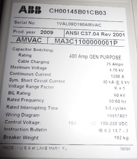 1200 Amp, ABB, AMVAC, 4160 V., 2009, ELECTRICALLY OPERATED, UNUSED:1