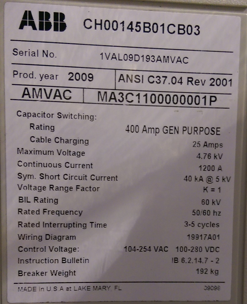 1200 Amp, ABB, AMVAC, 4160 V., 2009, ELECTRICALLY OPERATED, UNUSED:1