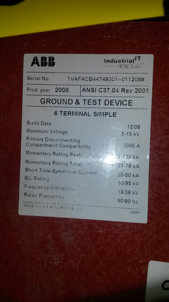 3000 Amp, ABB, ADVAC, 15 KV, 2008, GROUND & TEST DEVICE, 6 TERMINAL SIMPLE:1