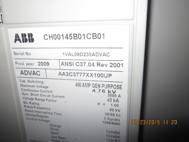 3000 Amp, ABB, ADVAC, 4160 V., 2009, 125 VDC CLOSE & TRIP, UNUSED:1