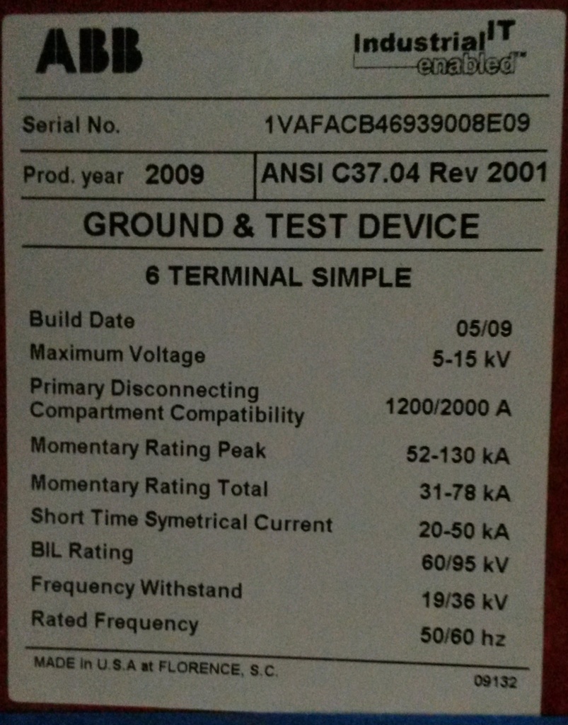 1200/2000 Amp, ABB, ADVAC, 5/15 KV, GROUND & TEST DEVICE, 6 TERMINAL SIMPLE