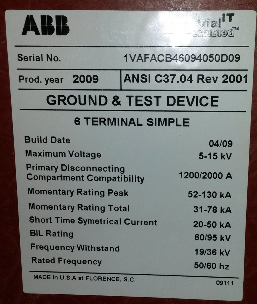 1200/2000 Amp, ABB, ADVAC, 5/15 KV, GROUND & TEST DEVICE, 6 TERMINAL SIMPLE