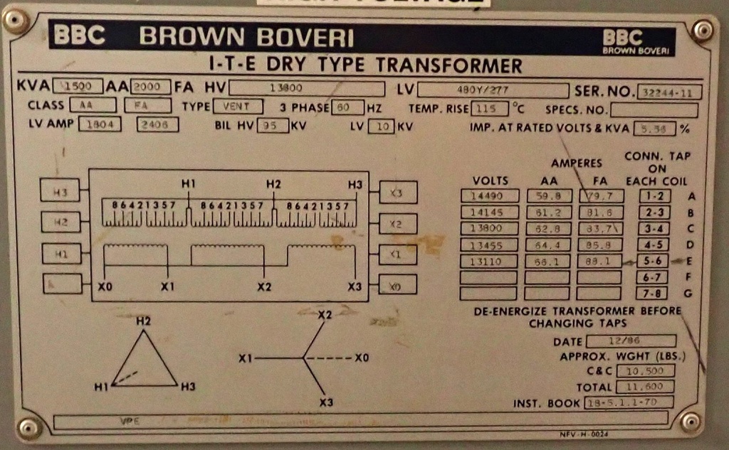 1500/2000 KVA, Pri 13800 D, Sec 480Y/277, BBC/ITE, INDOOR, DRY, ALUMINUM