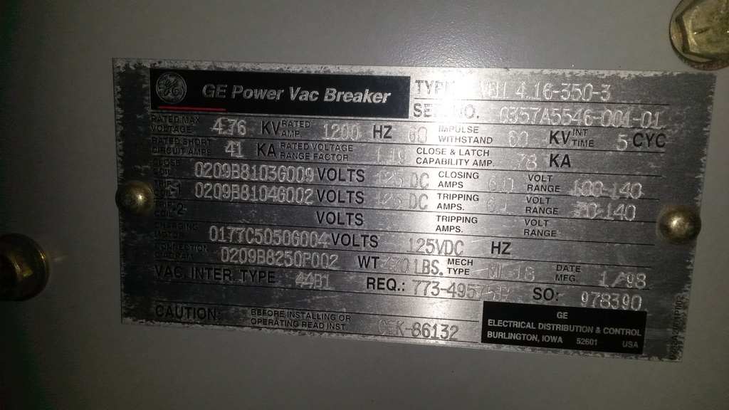 1200 Amp, GENERAL ELECTRIC, VB1-4.16-350-3, 4160 V., 1998, 125 VDC, ML-18 MECH:1