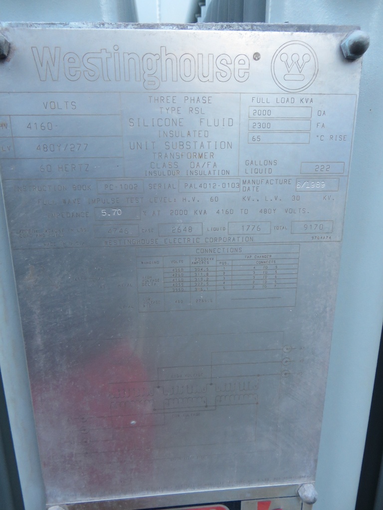 2000/2300 KVA, Pri 4160 D, Sec 480Y/277, WESTINGHOUSE, SILICONE, ALUMINUM