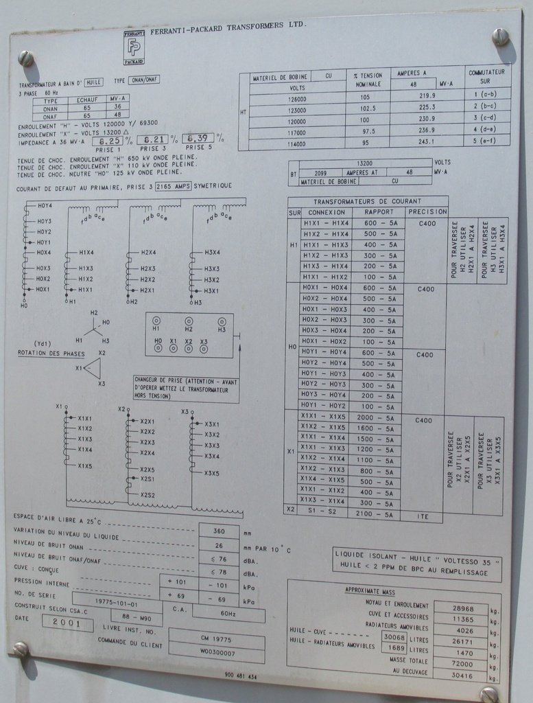 36000/48000 KVA, Pri 120000Y/69300, Sec 13200 D, FERRANTI-PACKARD, GSU
