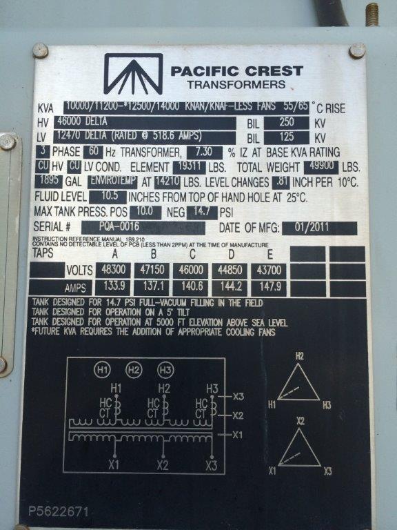 10000/14000 KVA, Pri 46000 D, Sec 12470 D, 2011, AREVA, ENVIROTEMP:1