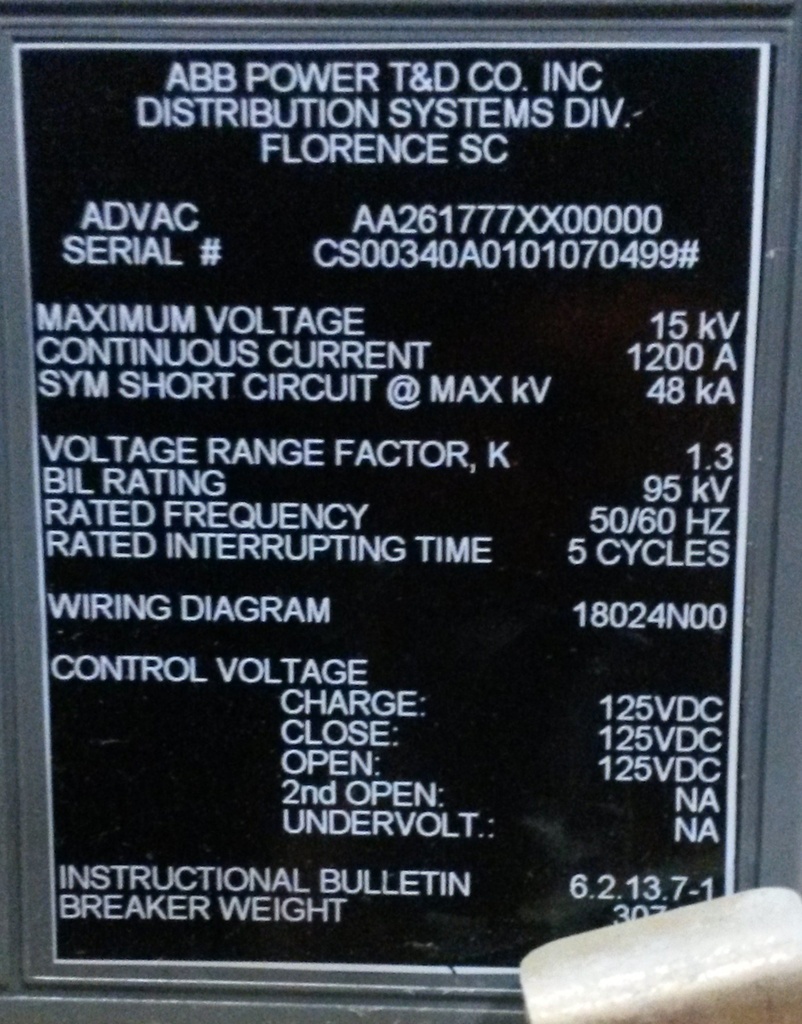 1200 Amp, ABB, ADVAC, 13.8 KV, 125 VDC CLOSE & TRIP, UNUSED:1
