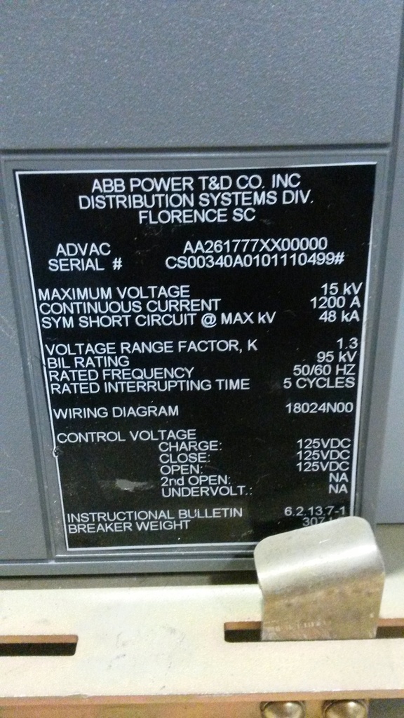 1200 Amp, ABB, ADVAC, 13.8 KV, 125 VDC CLOSE & TRIP, UNUSED:1