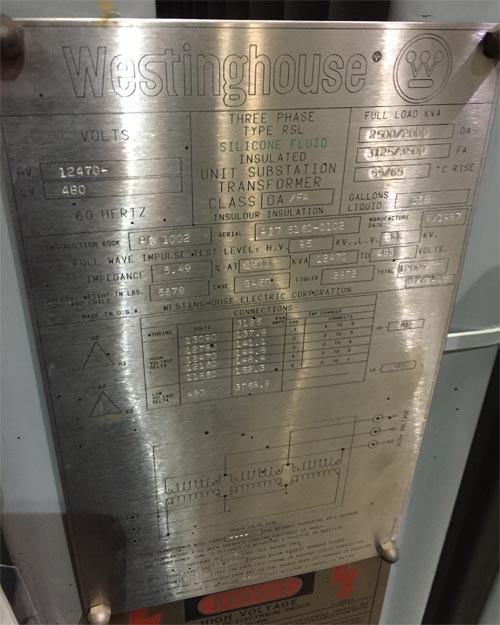 2500/3500 KVA, Pri 12470 D, Sec 480 D, WESTINGHOUSE, SUBSTATION, SILICONE:1