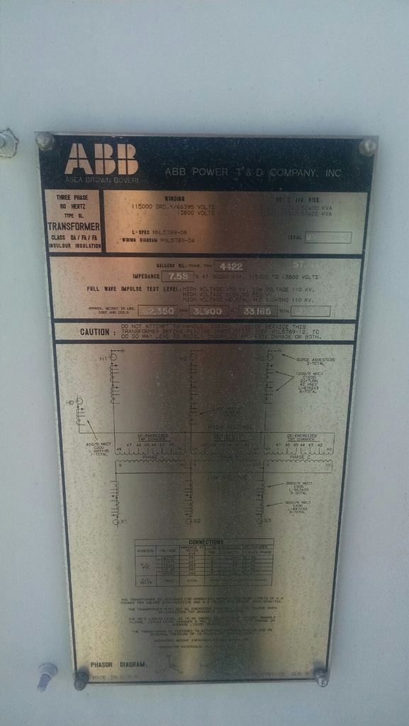30240/50400 KVA, Pri 115000GRDY/66395 , Sec 13800 D, ABB, SUBSTATION:2