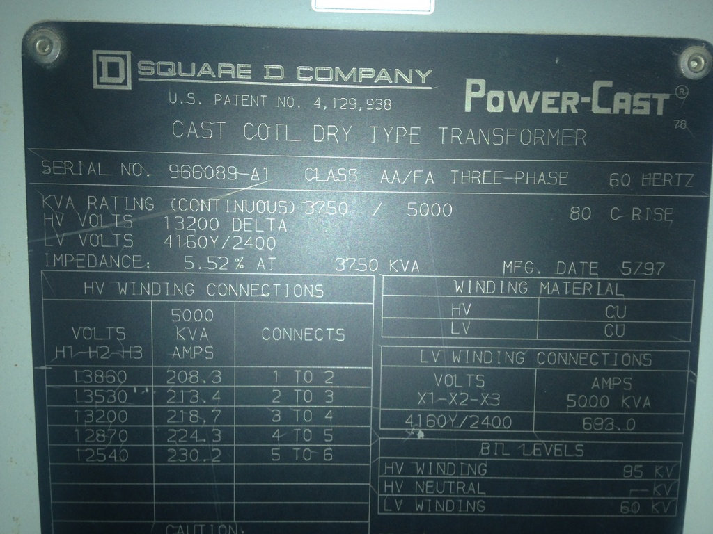 3750/5000 KVA, Pri 13200 D, Sec 4160Y/2400, 1997, SQUARE D, CAST COIL, INDOOR:1