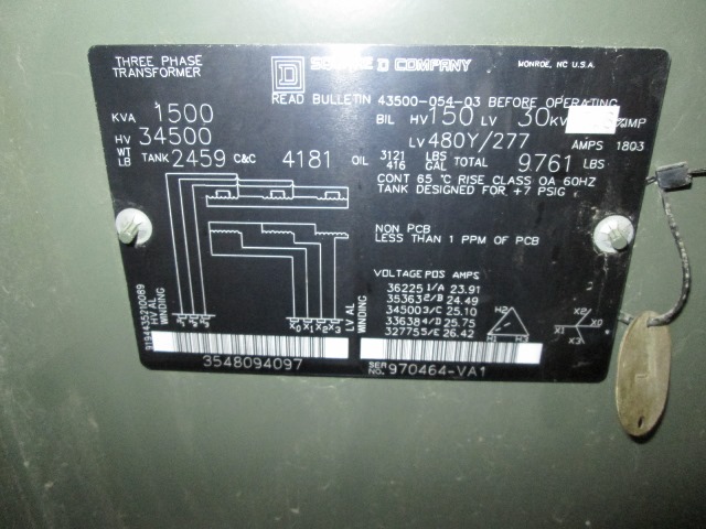 1500 KVA, Pri 34500 D, Sec 480Y/277, 1997, SQUARE D, DEAD FRONT, RADIAL FEED:1