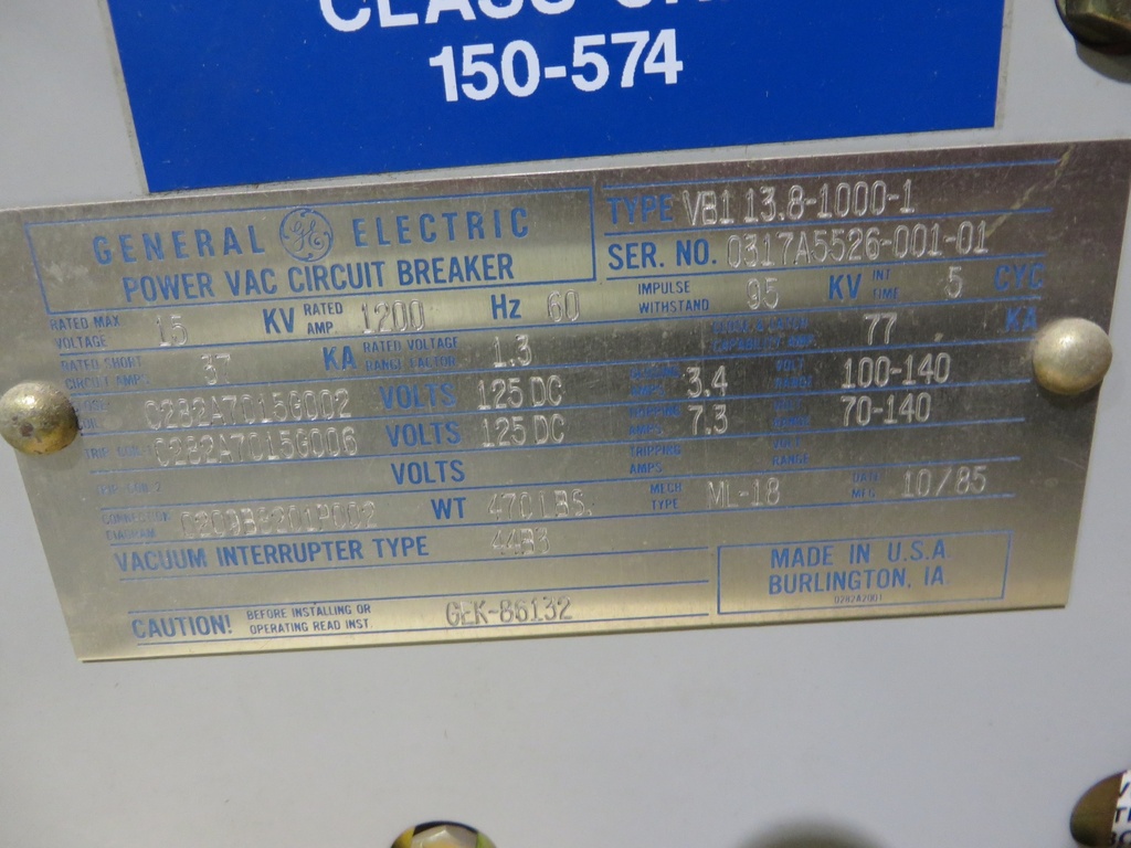 1200 Amp, GENRAL ELECTRIC, VB1-13.8-1000-1, 15 KV, ELECTRIC, 125VDC C&T: