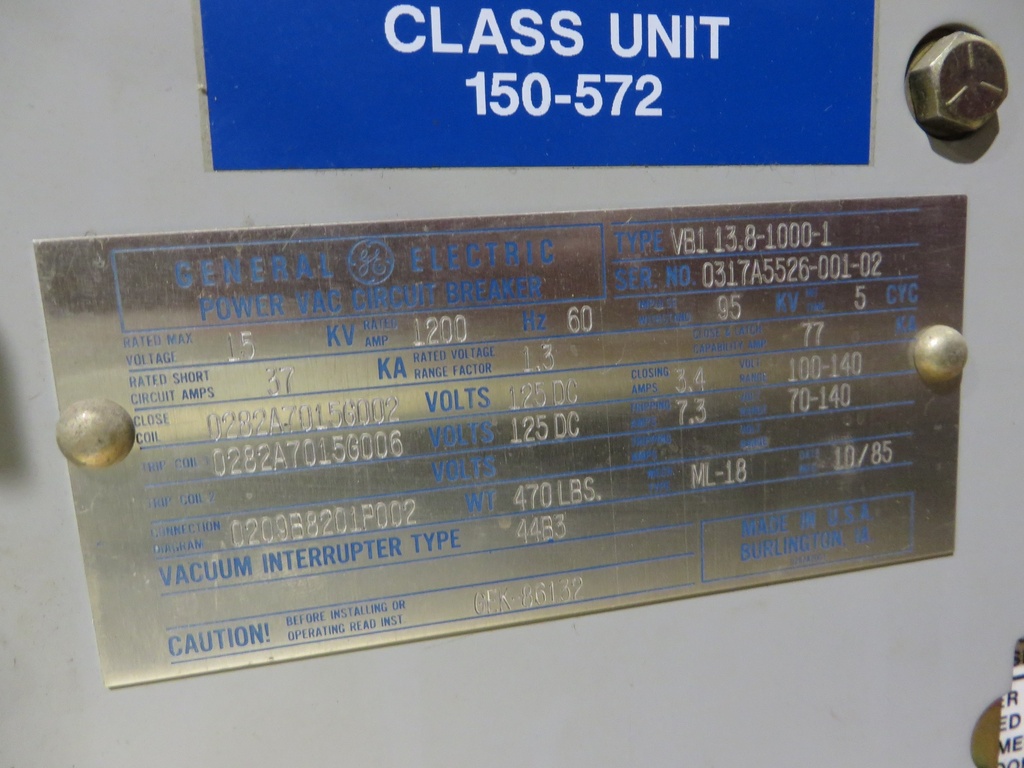 1200 Amp, GENRAL ELECTRIC, VB1-13.8-1000-1, 15 KV, ELECTRIC, 125VDC C&T: