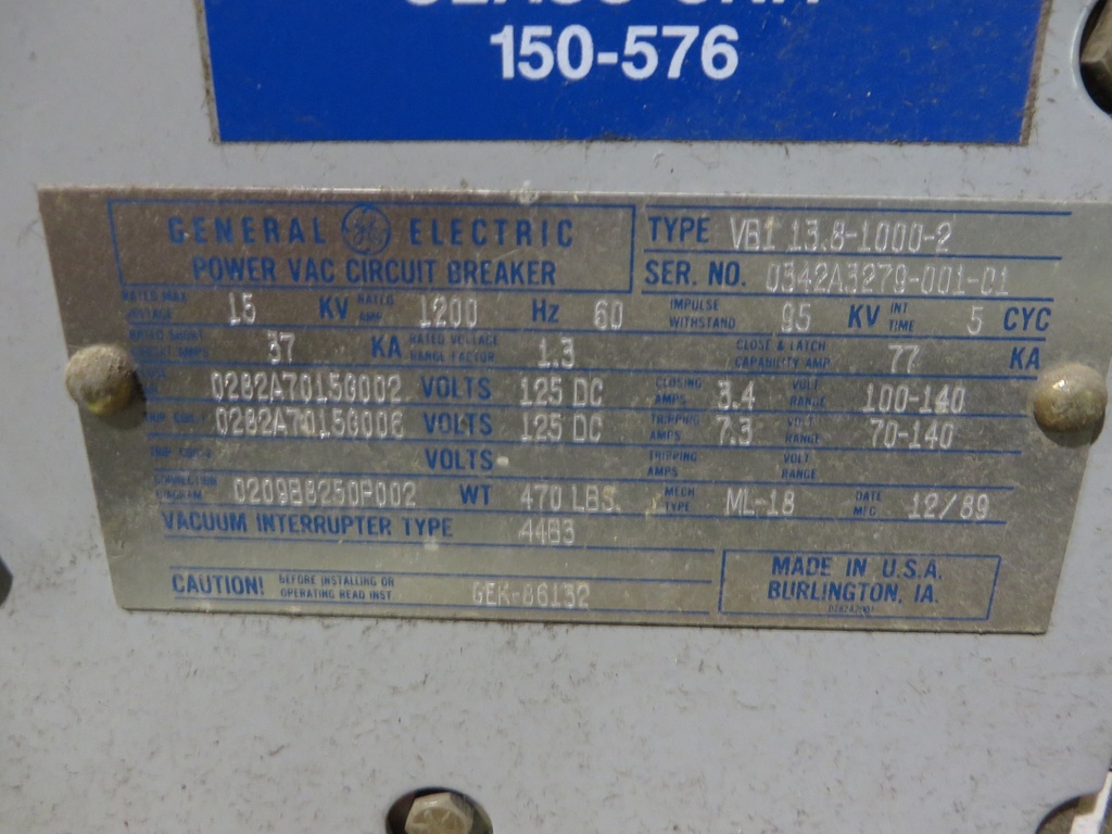1200 Amp, GENRAL ELECTRIC, VB1-13.8-1000-2, 15 KV, ELECTRIC, 125VDC C&T: